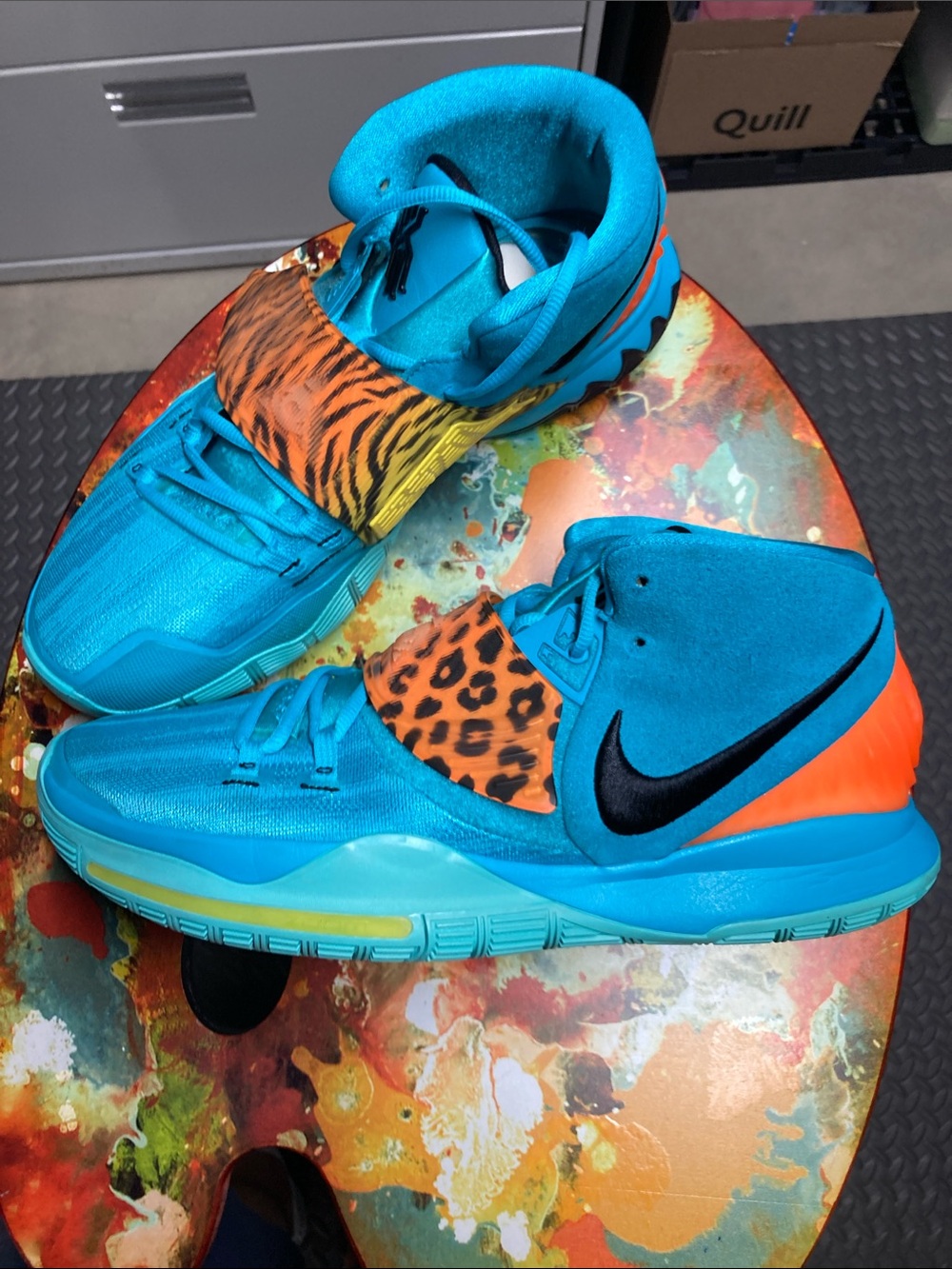 Nike Kyrie Oracle Aqua, sz 14, Turquoise, Orange,Yellow Leopard Print, basketbll